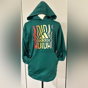 ADIDAS Size 14/16 Boys Green Hooded Sweatshirt with Pockets and Colorful Logo